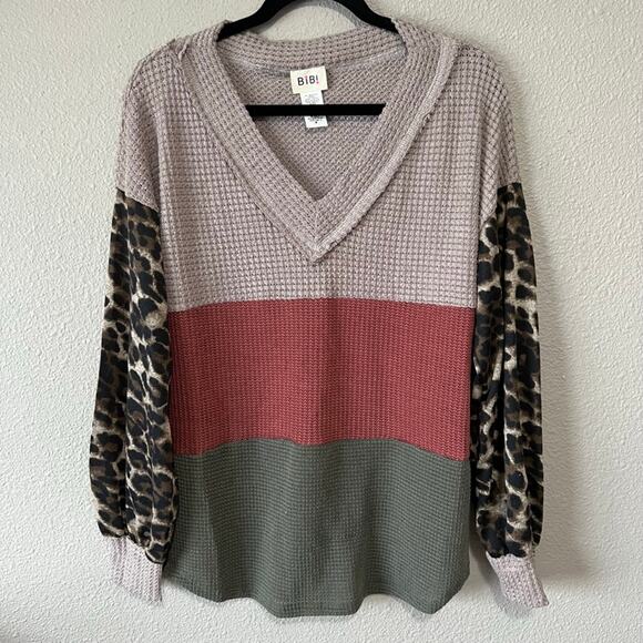 Leopard Animal Print Balloon Sleeve Waffle Knit Color Blocking Fall Blouse - Picture 1 of 10